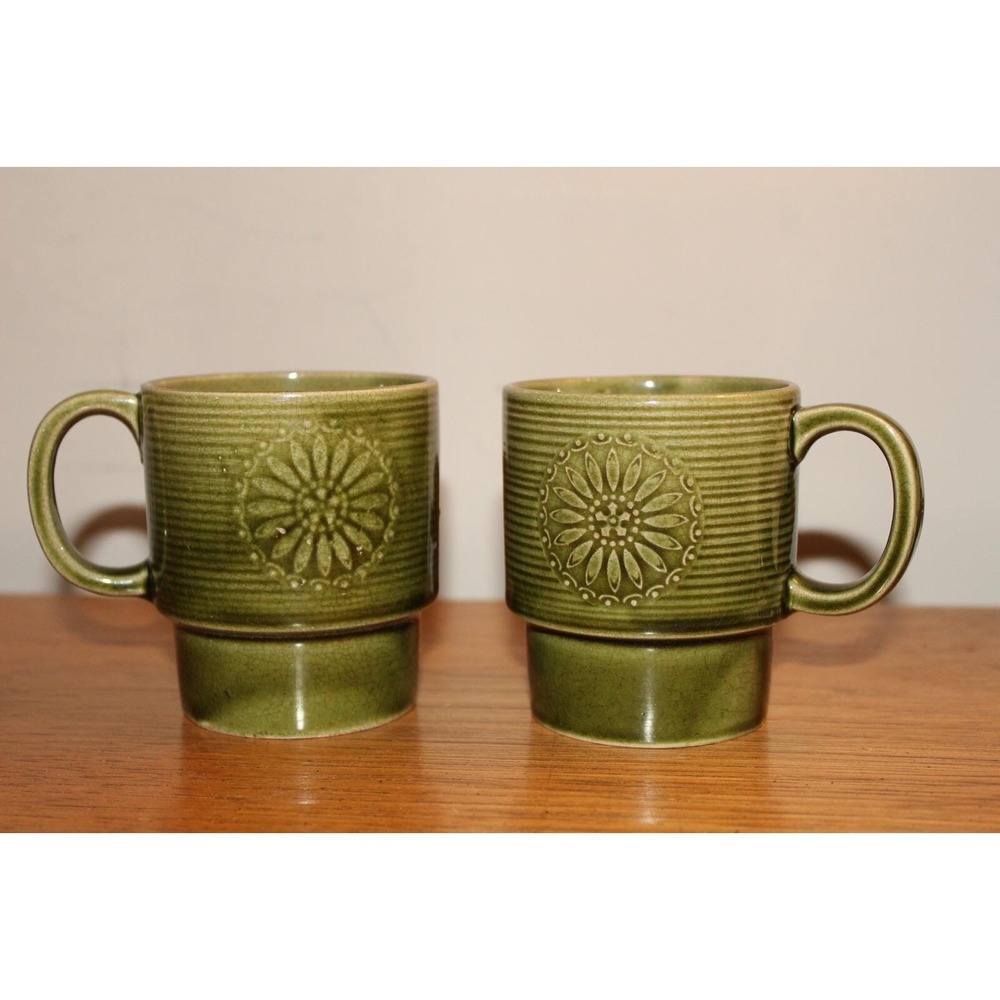 1970'S Green Floral Mugs Japan Retro Stacking Coffee Cups - Set of 2 - MCM